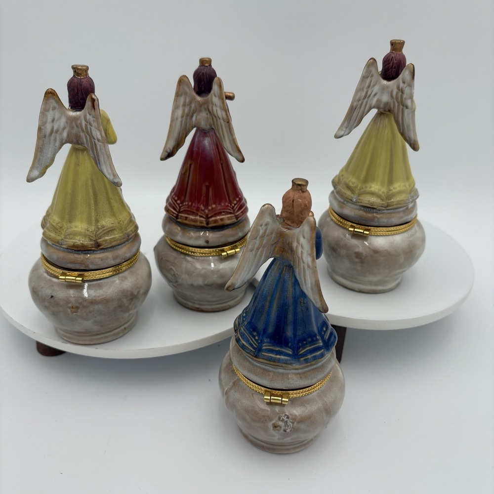Set Of 4 Angel Trinket Box‎ with Instrument and Stars Hinged 6" Tall Vintage - Picture 10 of 15